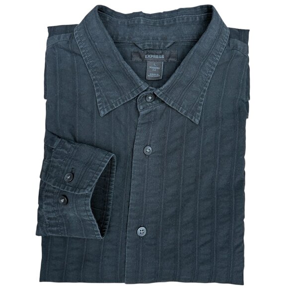 Men's EXPRESS Modern Fit Textured Striped Black Dress Shirt | Size L‎ - Picture 2 of 8